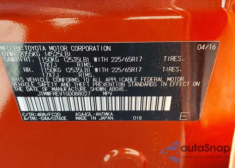 2016 Toyota Rav4 Xle z USA, uszkodzony, nr VIN JTMWFREV1GD088027